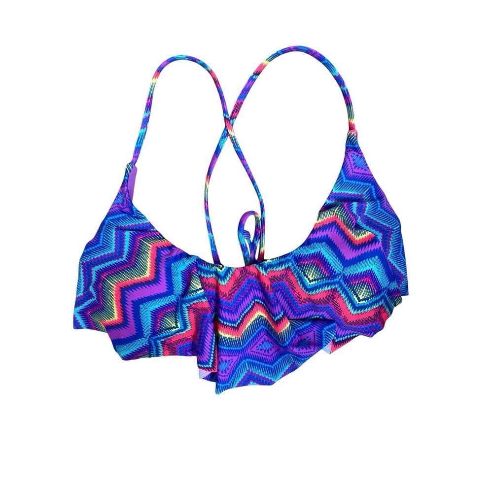 Xhilaration Bikini Top Medium M Purple Blue Chevron Ruffle Tie Back Swim